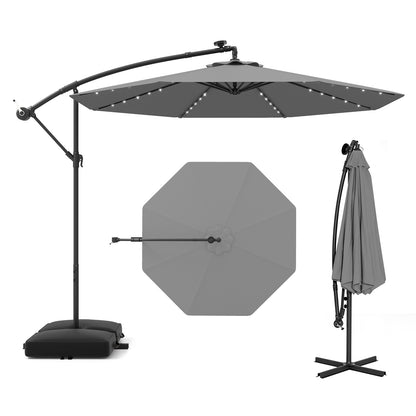 300cm Hanging Offset Umbrella with 40 LED Lights Solar Panel Batteries-Grey