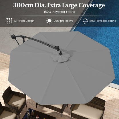 300cm Hanging Offset Umbrella with 40 LED Lights Solar Panel Batteries-Grey