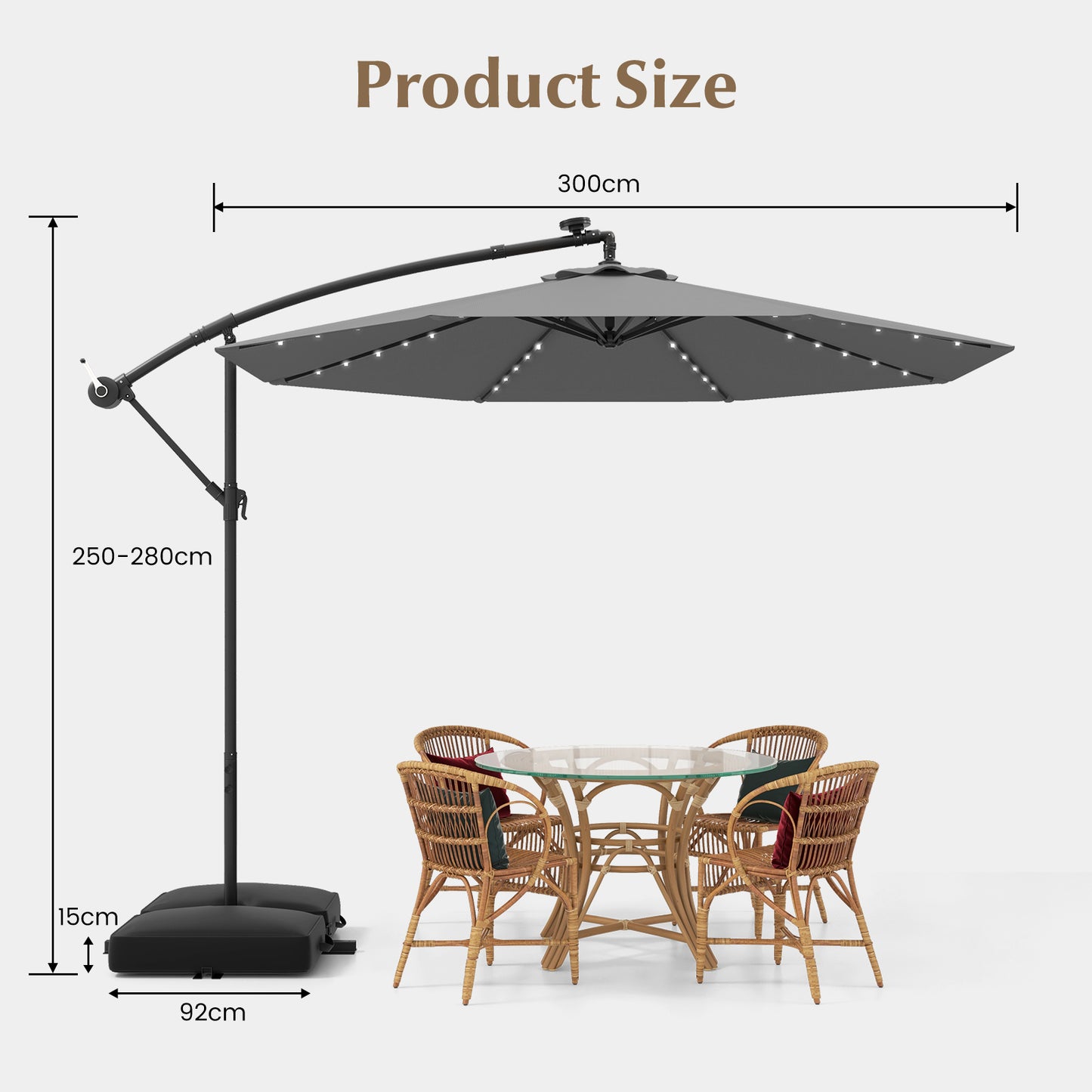 300cm Hanging Offset Umbrella with 40 LED Lights Solar Panel Batteries-Grey