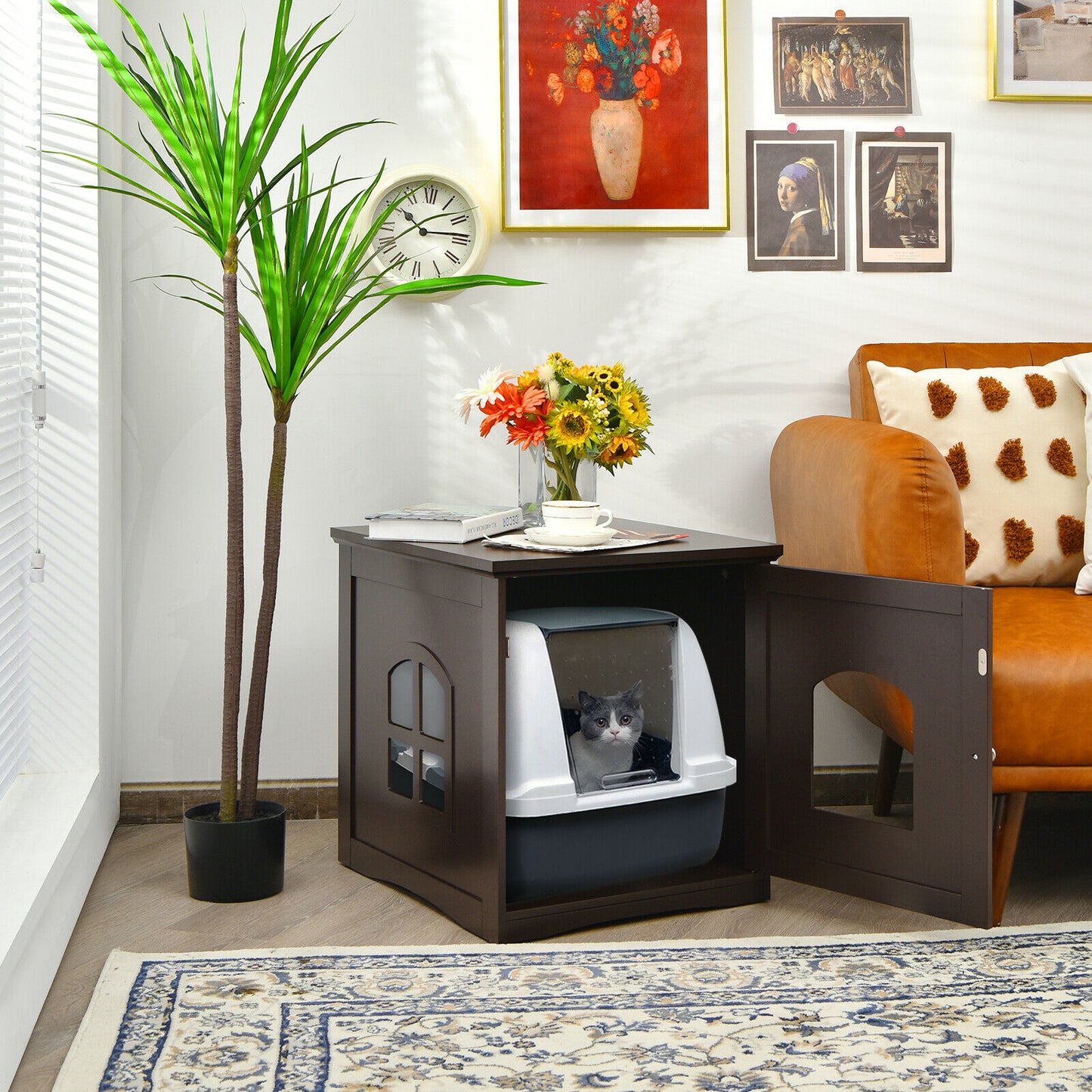 Decorative Cat House Side Table with Window-Brown