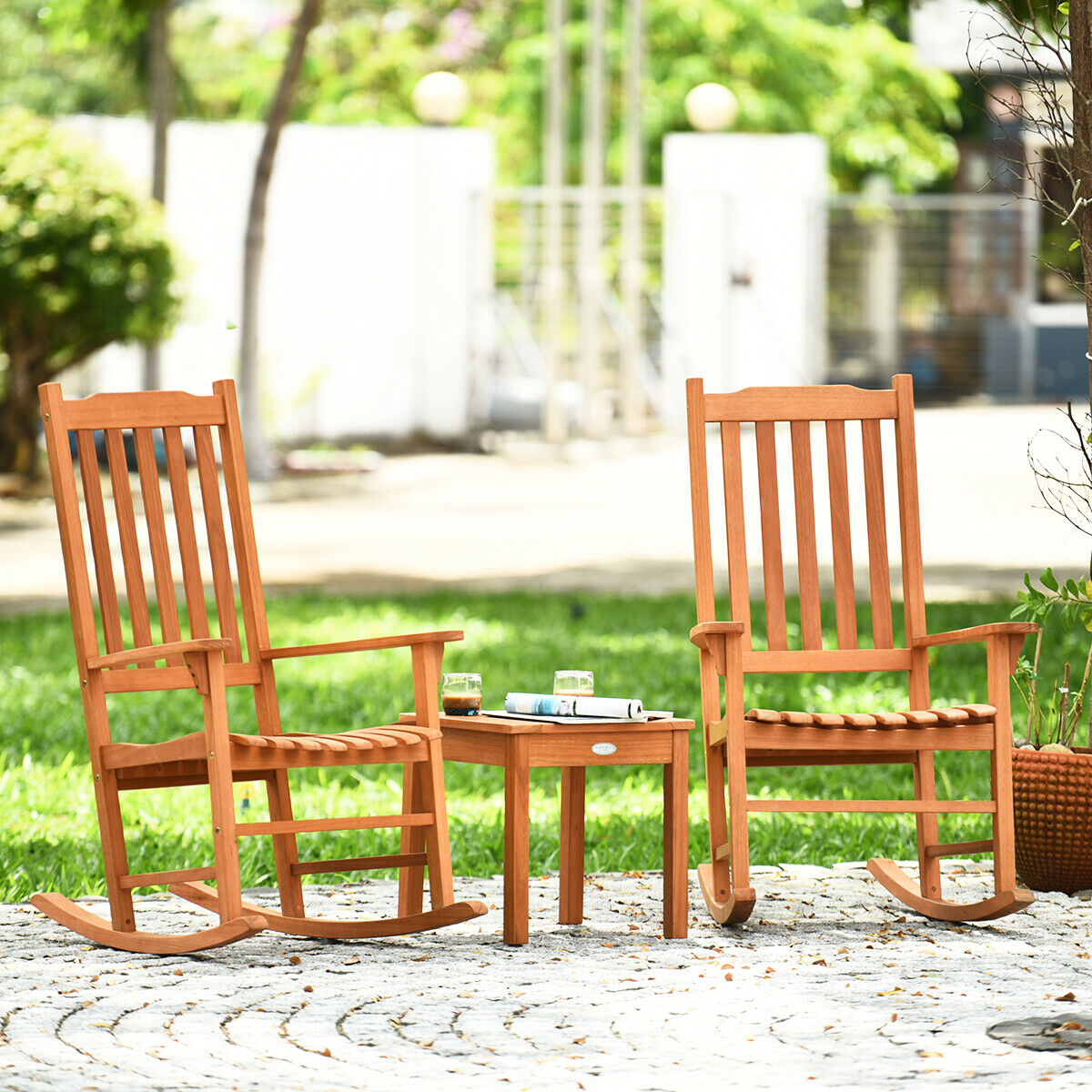 3 Piece Eucalyptus Rocking Chair Set with Coffee Table