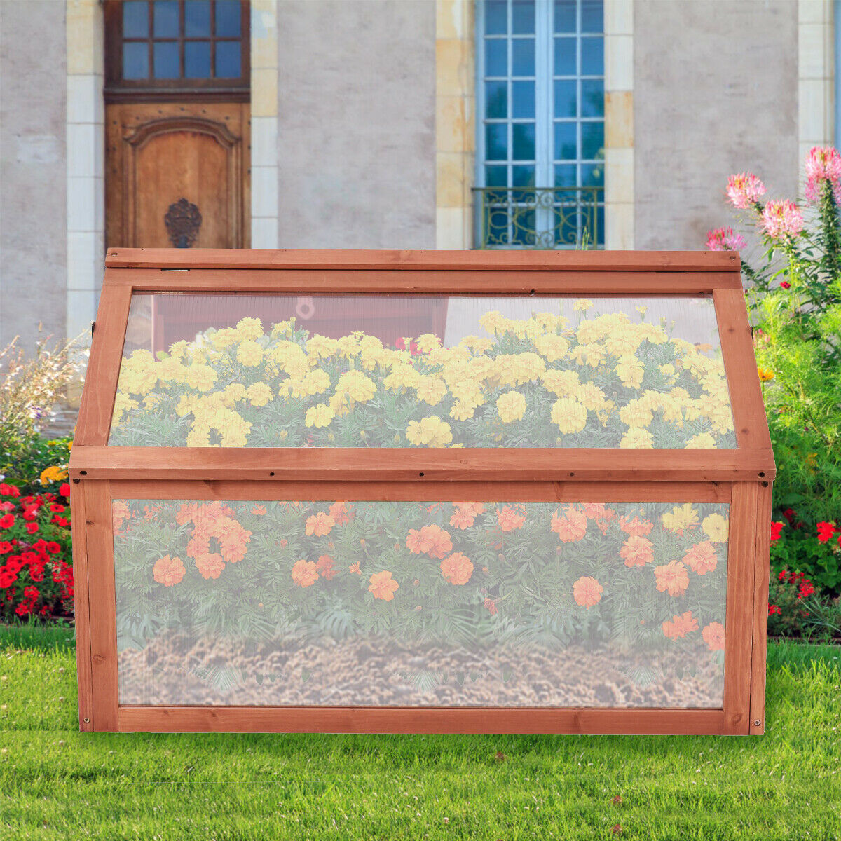 Wooden Greenhouse Garden Planter Box with Transparent Protection