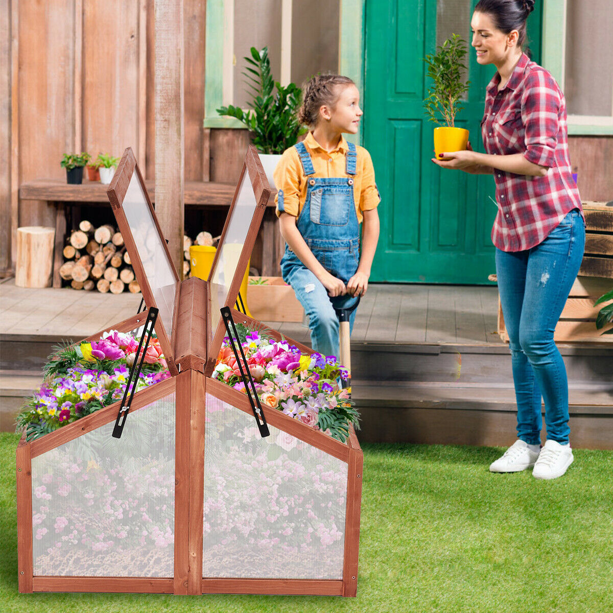 Wooden Greenhouse Garden Planter Box with Transparent Protection