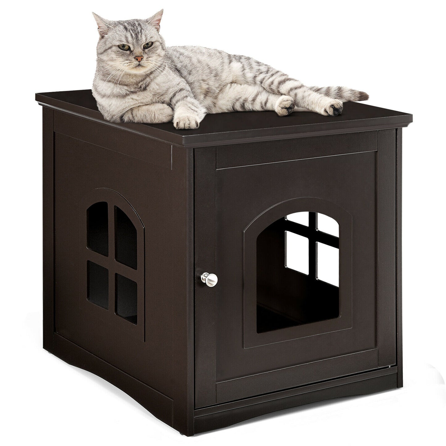 Decorative Cat House Side Table with Window-Brown