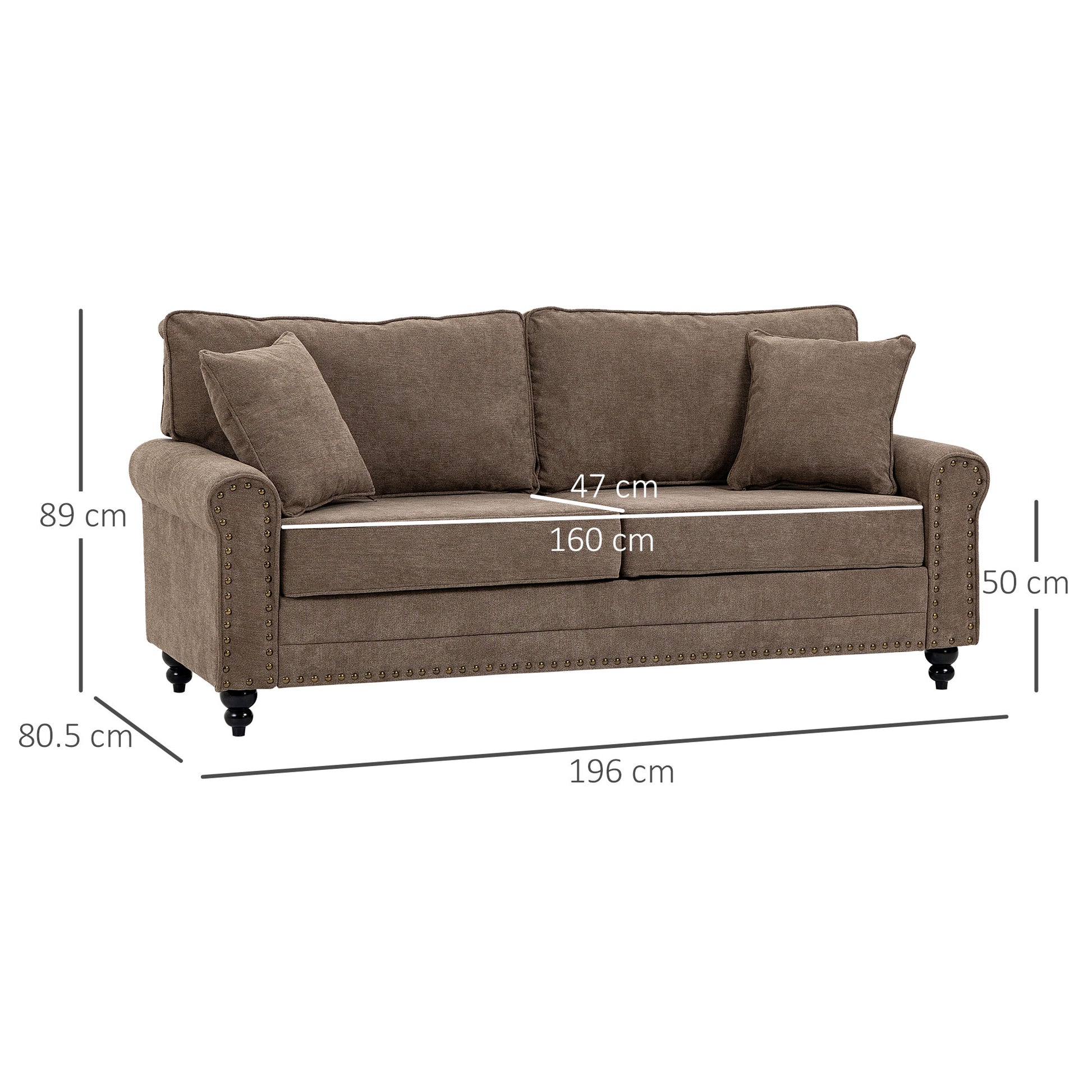 HOMCOM 2 Seater Sofas for Living Room, Fabric Sofa with Nailhead Trim, Loveseat with Cushions and Throw Pillows, Brown