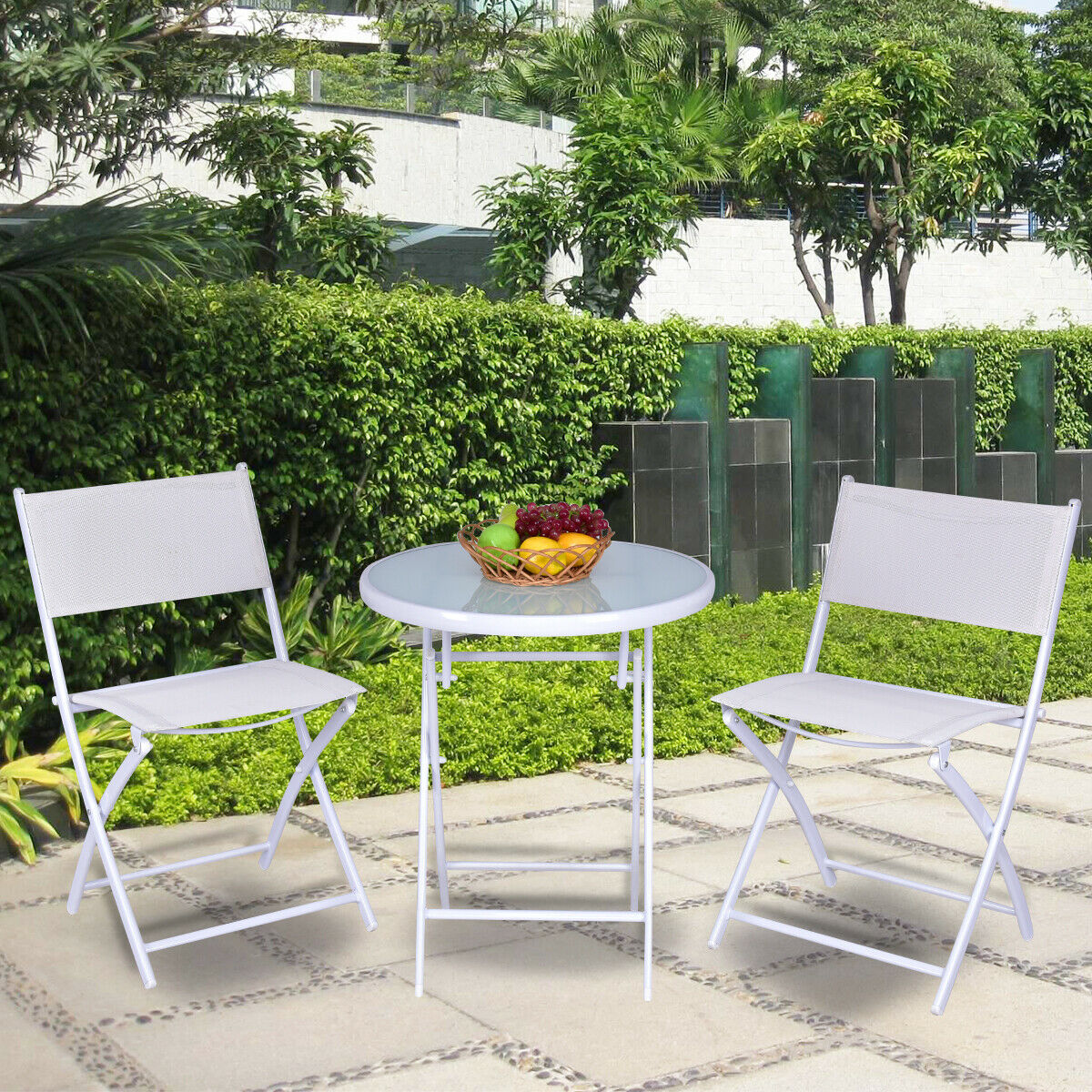 3pcs Patio Bistro Folding Table and Chair Set-White