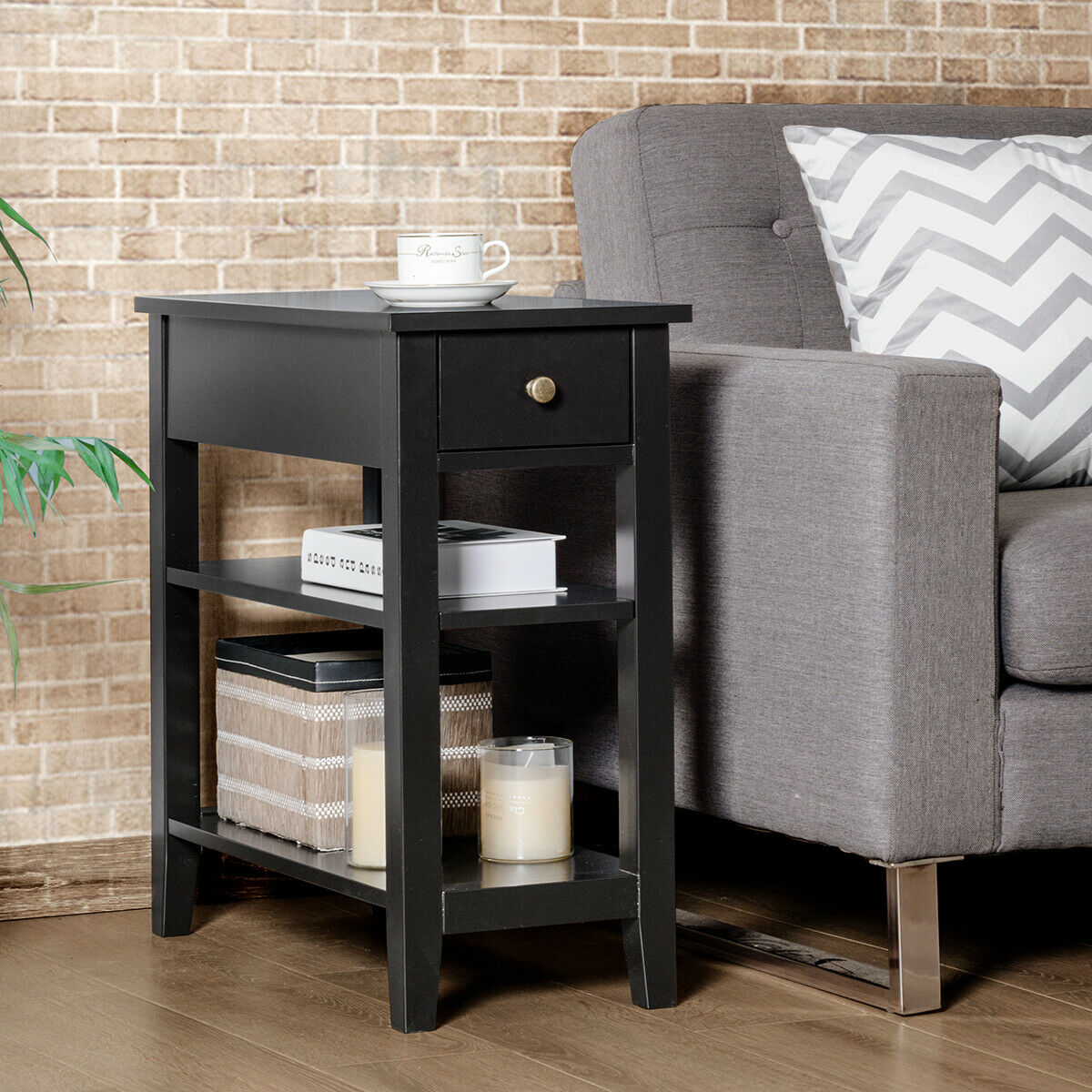 3-Tier End Table with Drawer-Black