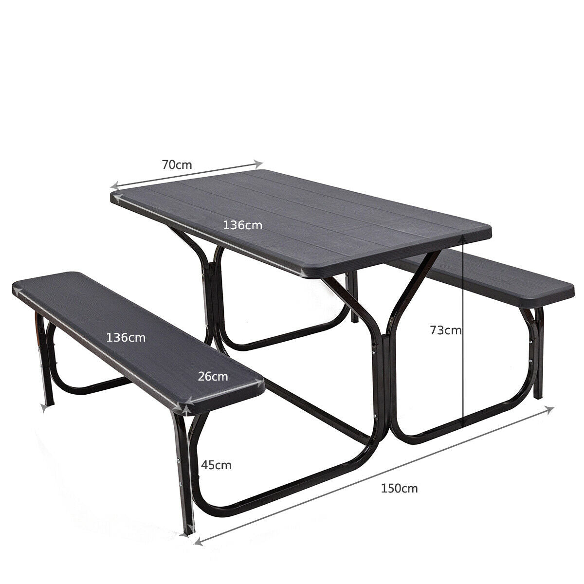 Picnic Table Bench Set with Metal Base Wood for Outdoor-Black