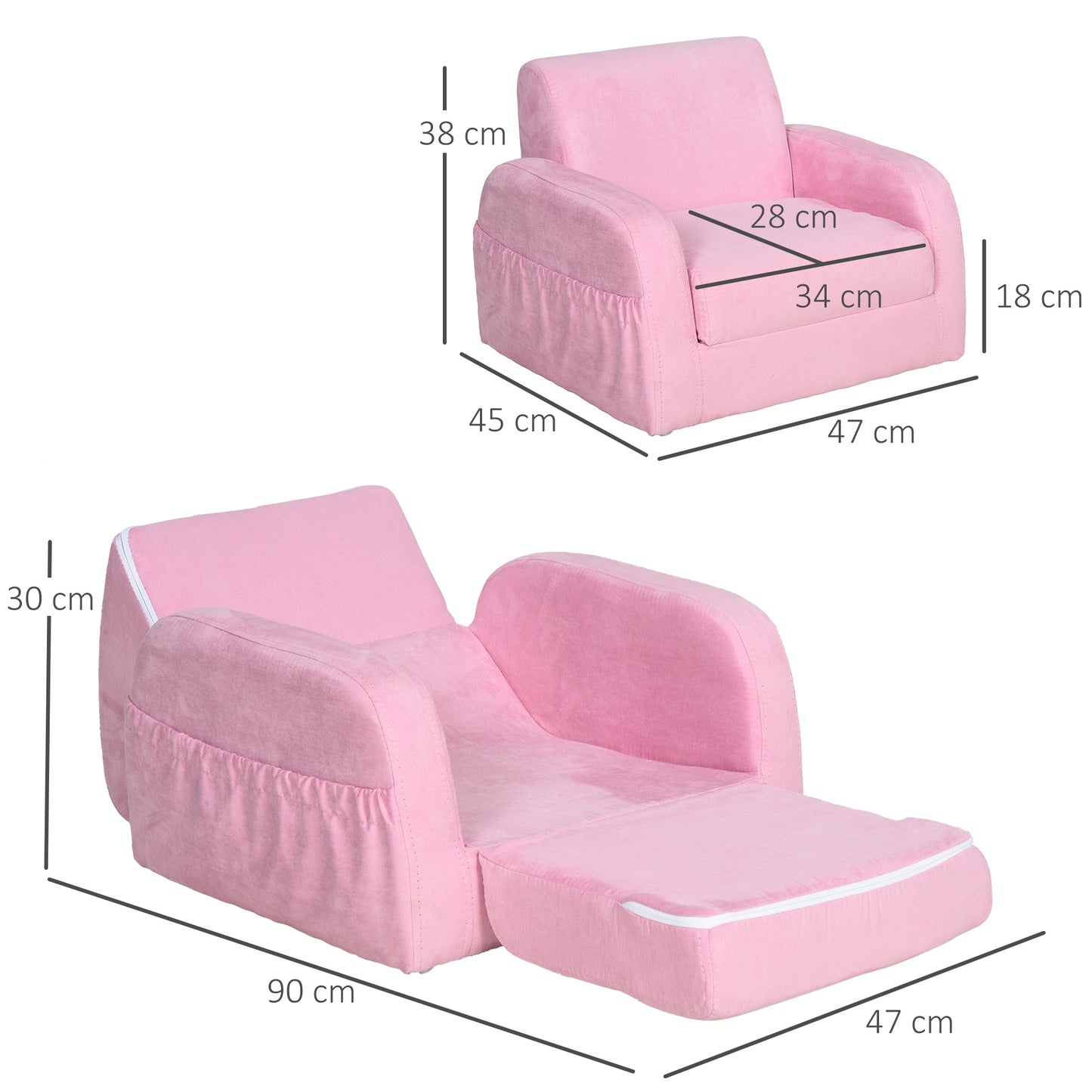 HOMCOM 2 In 1 Kids Armchair Sofa Bed Fold Out Padded Wood Frame Bedroom, Pink