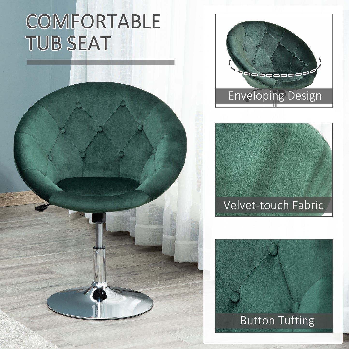 HOMCOM Modern Dining Height Bar Stool Velvet-Touch Tufted Fabric Adjustable Height Armless Tub Chair with Swivel Seat, Green