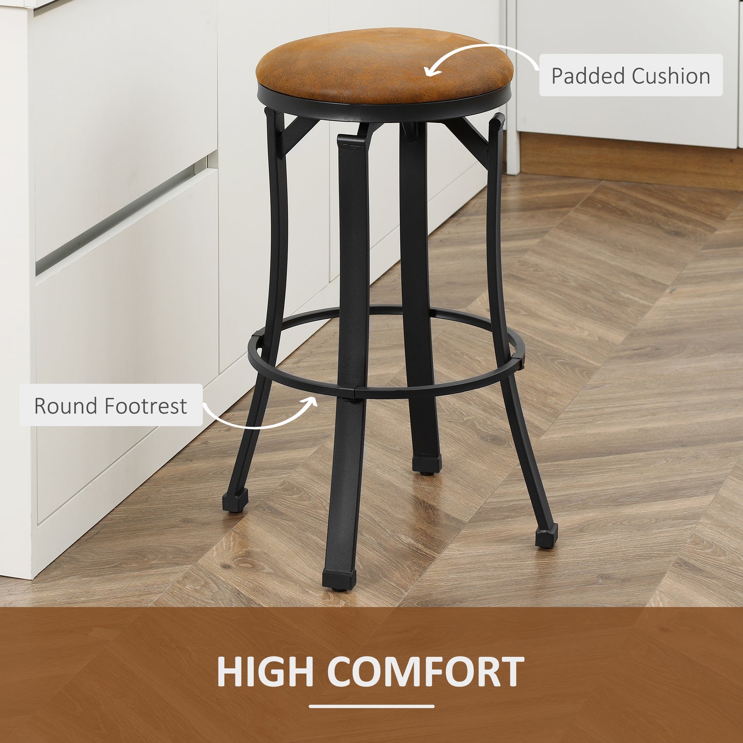 HOMCOM Bar Stools, Set of 2, Microfiber Cloth Breakfast Bar Chairs with Footrest, Vintage Kitchen Stools with Powder-coated Steel Legs, Brown