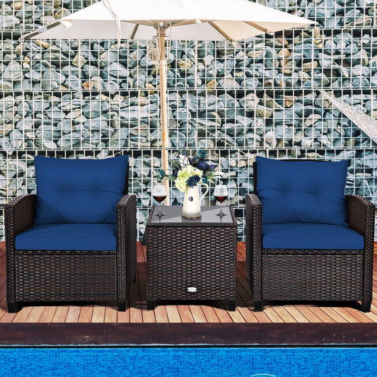 3 Piece Patio Rattan Furniture Set for Porch Balcony Garden Yard-Navy