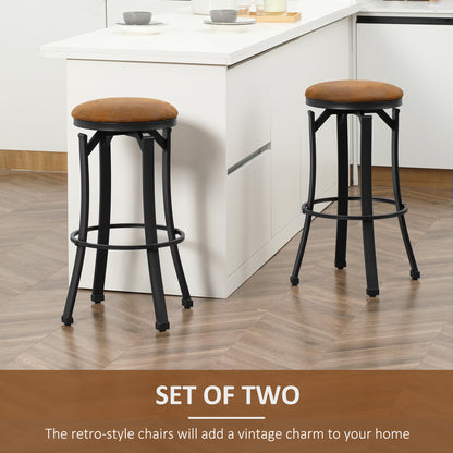 HOMCOM Bar Stools, Set of 2, Microfiber Cloth Breakfast Bar Chairs with Footrest, Vintage Kitchen Stools with Powder-coated Steel Legs, Brown