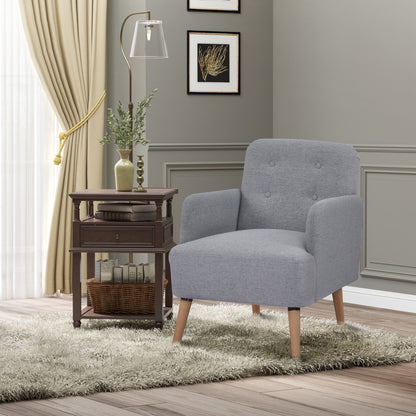 HOMCOM Upholstered Armchair, Nature Wood Frame Living Room Chairs with Birch Wood Legs & Thick Padding Seat and Button Mid-Back, Light Grey