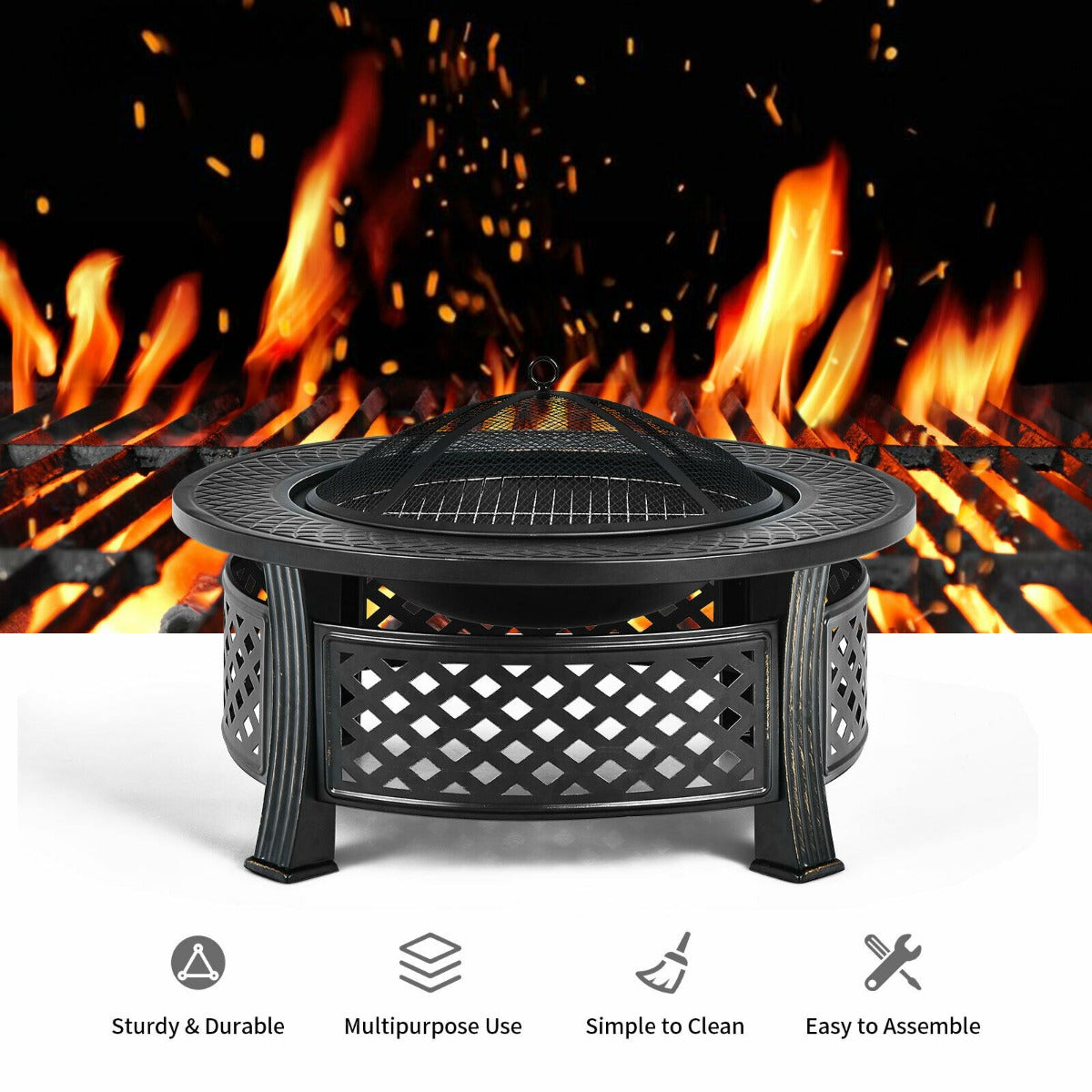 3 in 1 Round Fire Pit Set with BBQ Grill and Rain Cover for Outdoor