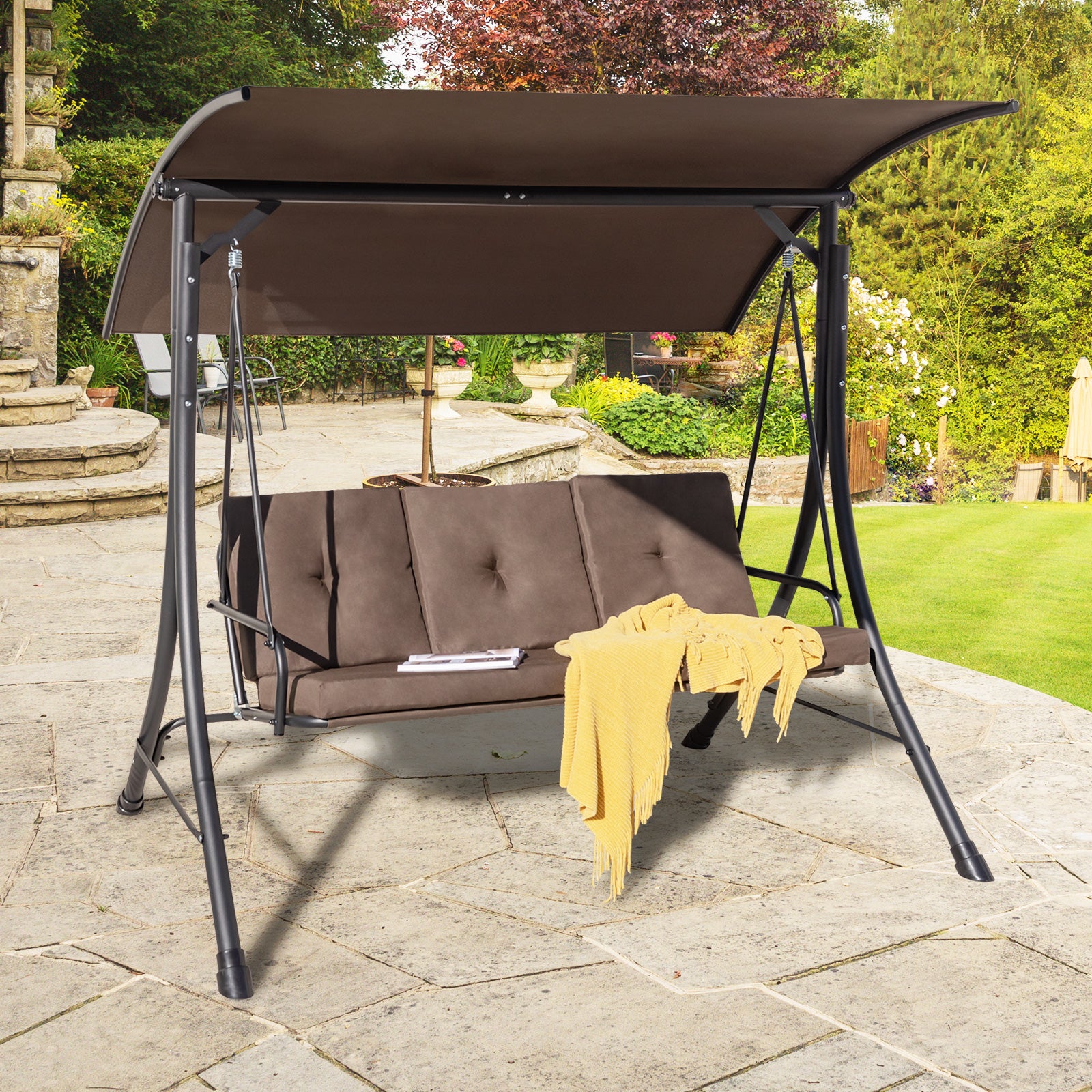 3-Person Patio Porch Swing  with Weatherproof and Adjustable Polyester Canopy-Brown