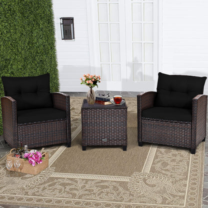 3 Piece Patio Rattan Furniture Set for Porch Balcony Garden Yard-Black