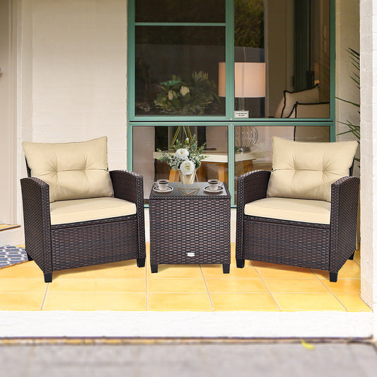 3 Piece Patio Rattan Furniture Set for Porch Balcony Garden Yard-Beige