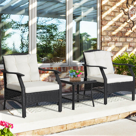 3 Pieces Garden Furniture Set with 2-Tier Tempered Glass Coffee Table