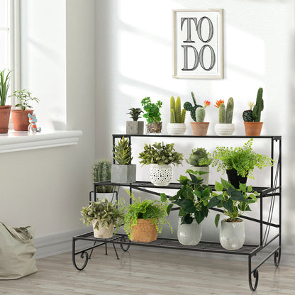 3-Tier Ladder Shaped Mental Plant Stand with Grid Shelf