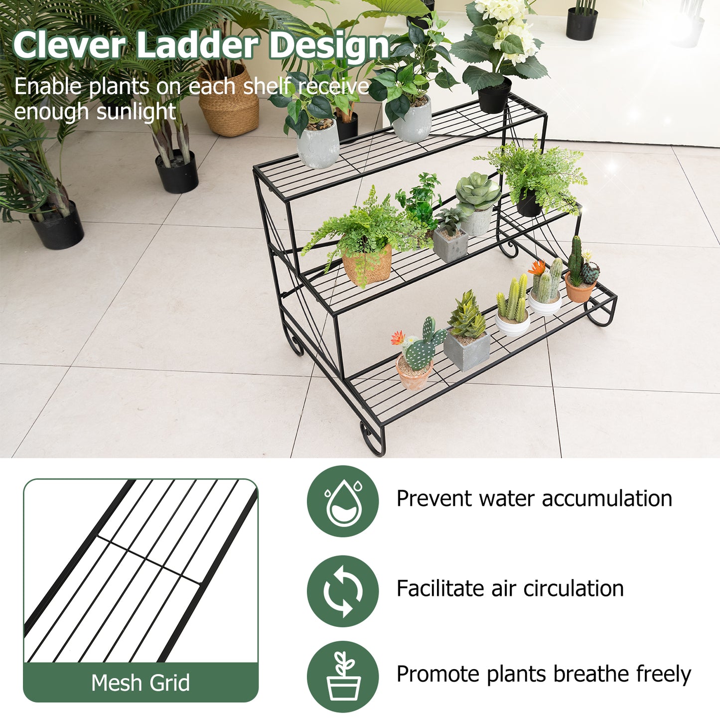 3-Tier Ladder Shaped Mental Plant Stand with Grid Shelf