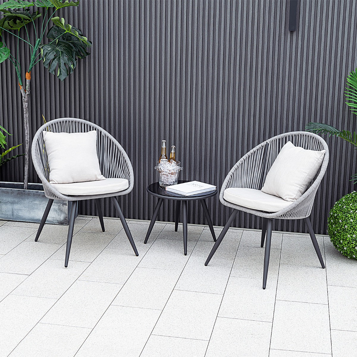 3 Piece Patio Furniture Set with Seat and Back Cushions for Backyard Porch Garden-Grey