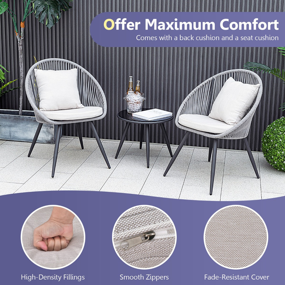 3 Piece Patio Furniture Set with Seat and Back Cushions for Backyard Porch Garden-Grey