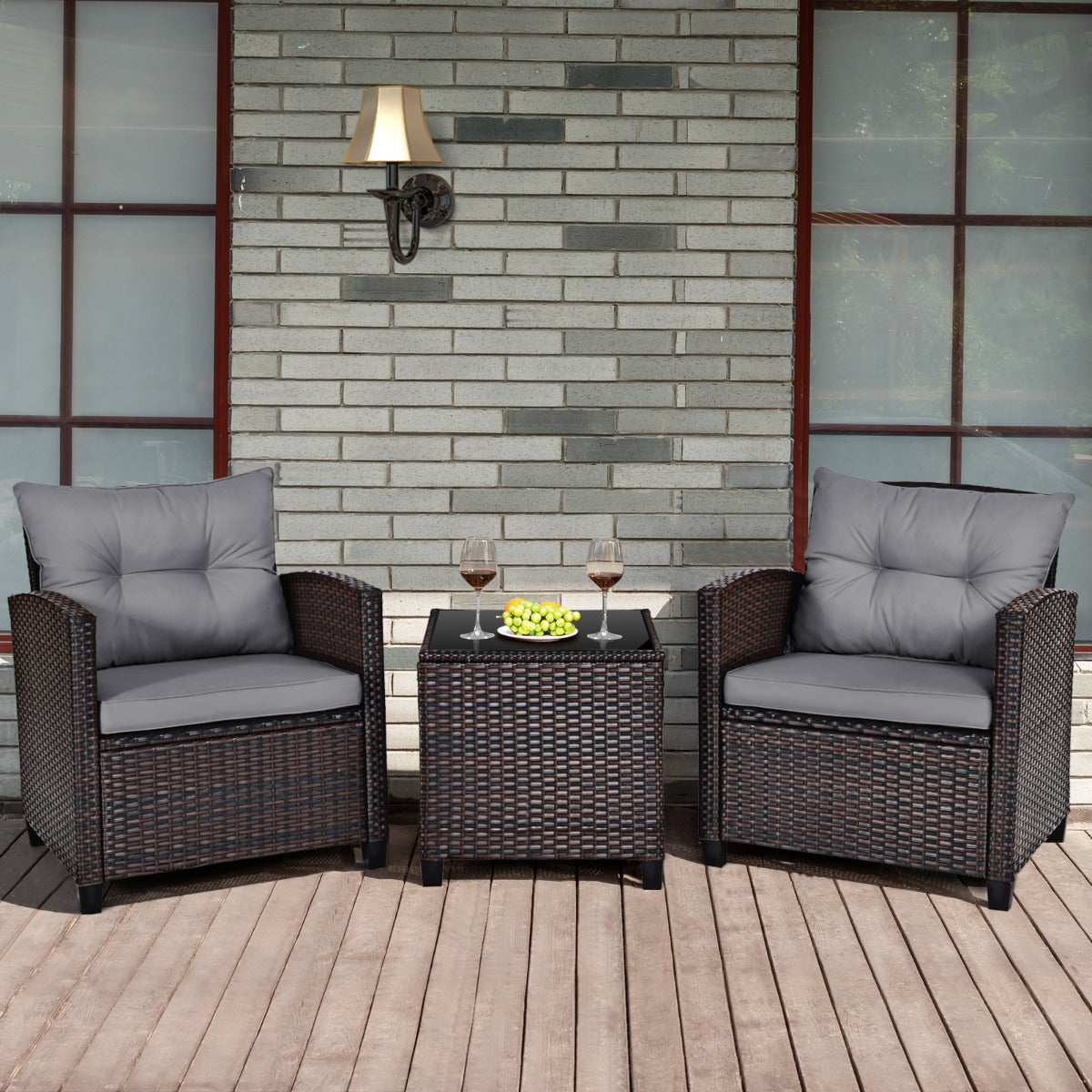 3 Piece Patio Rattan Furniture Set for Porch Balcony Garden Yard-Grey