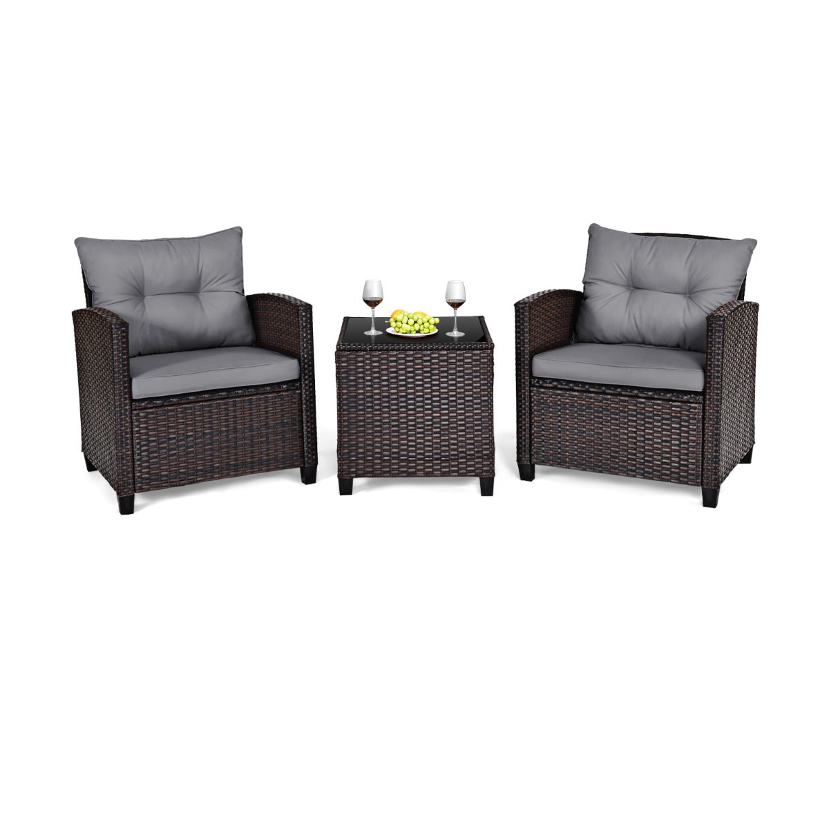 3 Piece Patio Rattan Furniture Set for Porch Balcony Garden Yard-Grey