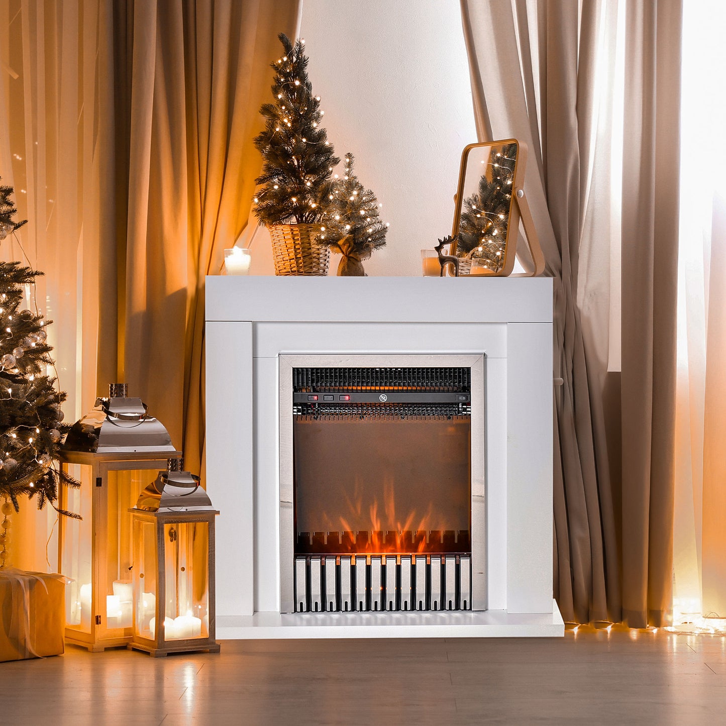 HOMCOM Electric Fireplace Suite with Remote Control, Freestanding Fireplace Heater with Flame Effect, 1kW/2kW, Overheat Protection, White