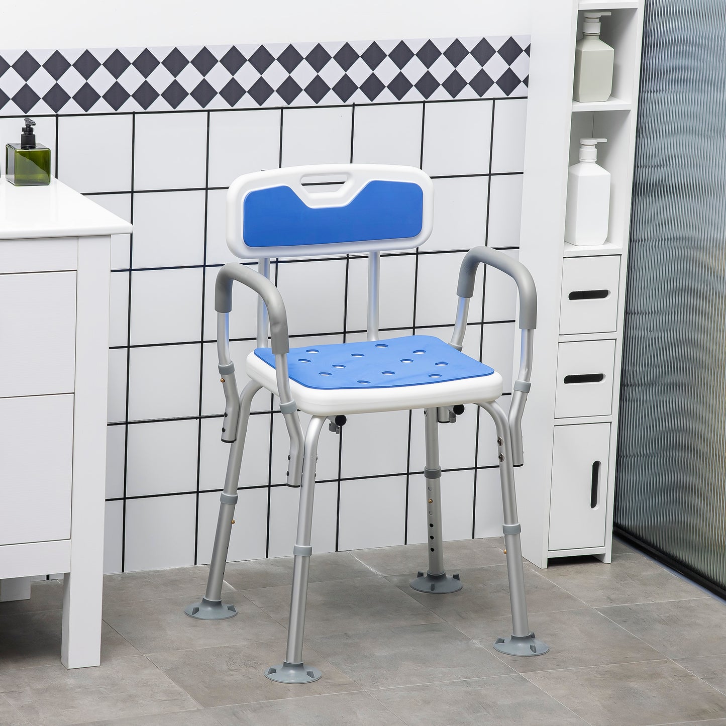 HOMCOM Shower Stools Shower Seat for Elderly and Disabled, EVA Padded, Height Adjustable with Back and Arms, 4 Suction Foot Pads, Blue