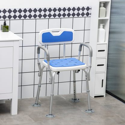 HOMCOM Shower Stools Shower Seat for Elderly and Disabled, EVA Padded, Height Adjustable with Back and Arms, 4 Suction Foot Pads, Blue