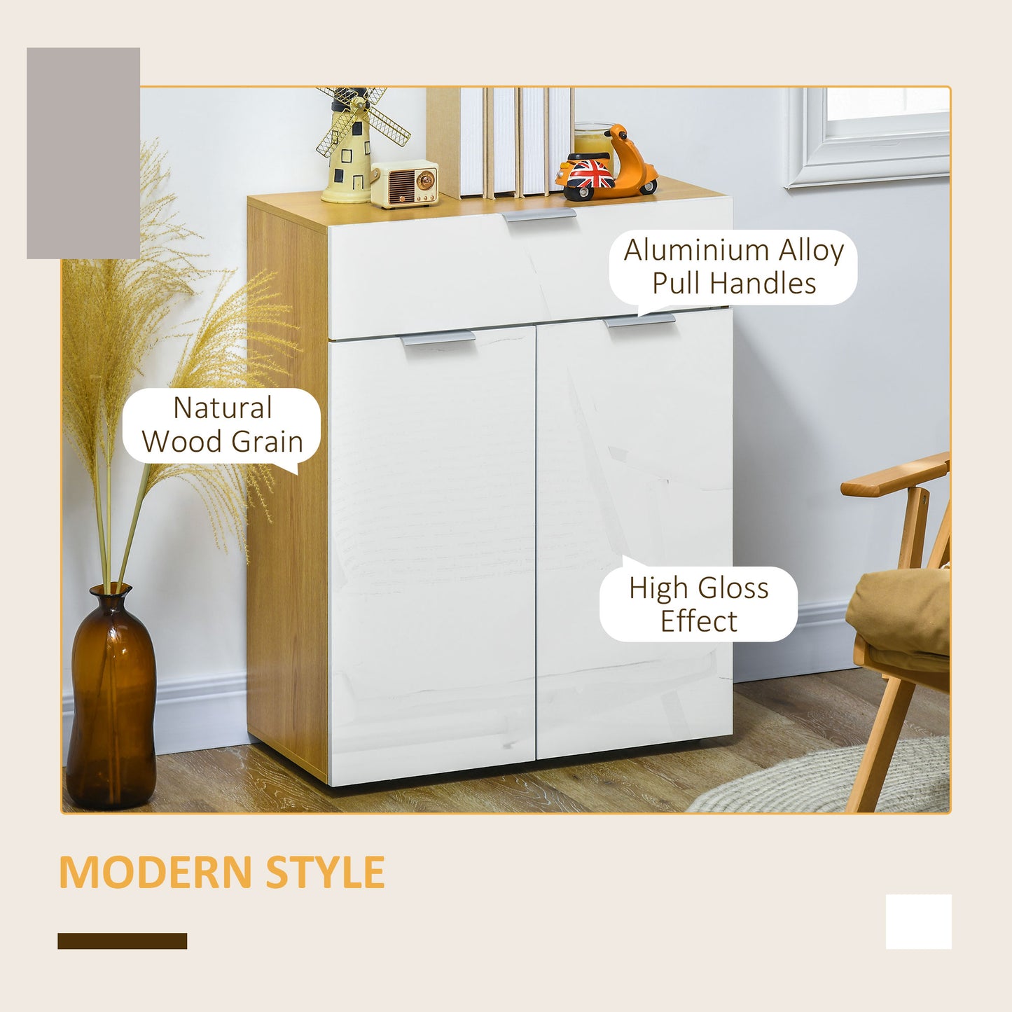 HOMCOM Modern Storage Cabinet, High Gloss Slim Sideboard with Drawer, Door Cupboard, Adjustable Shelves, White and Natural