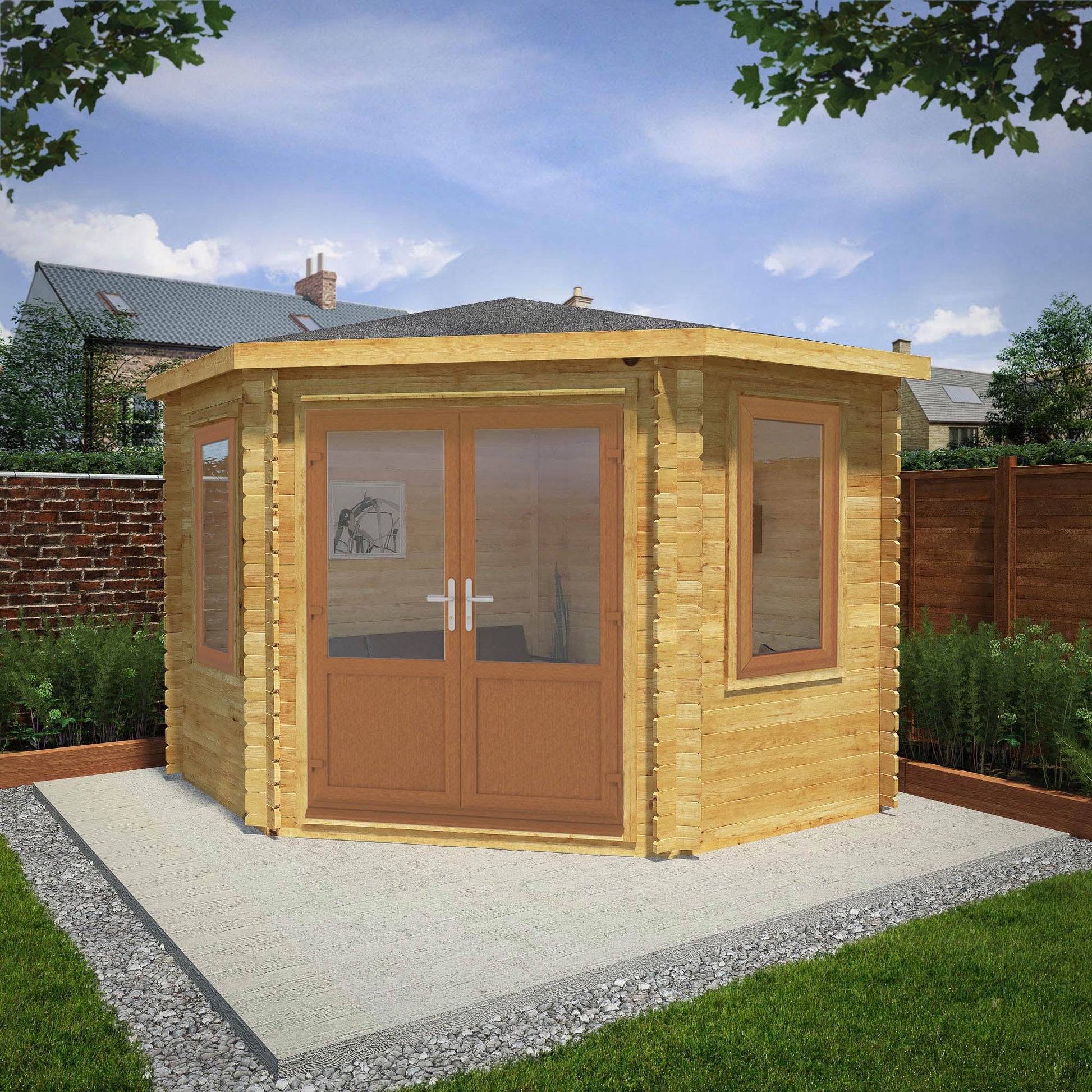 3M X 3M Corner Cabin - 44Mm (Upvc Windows & Door) - Oak