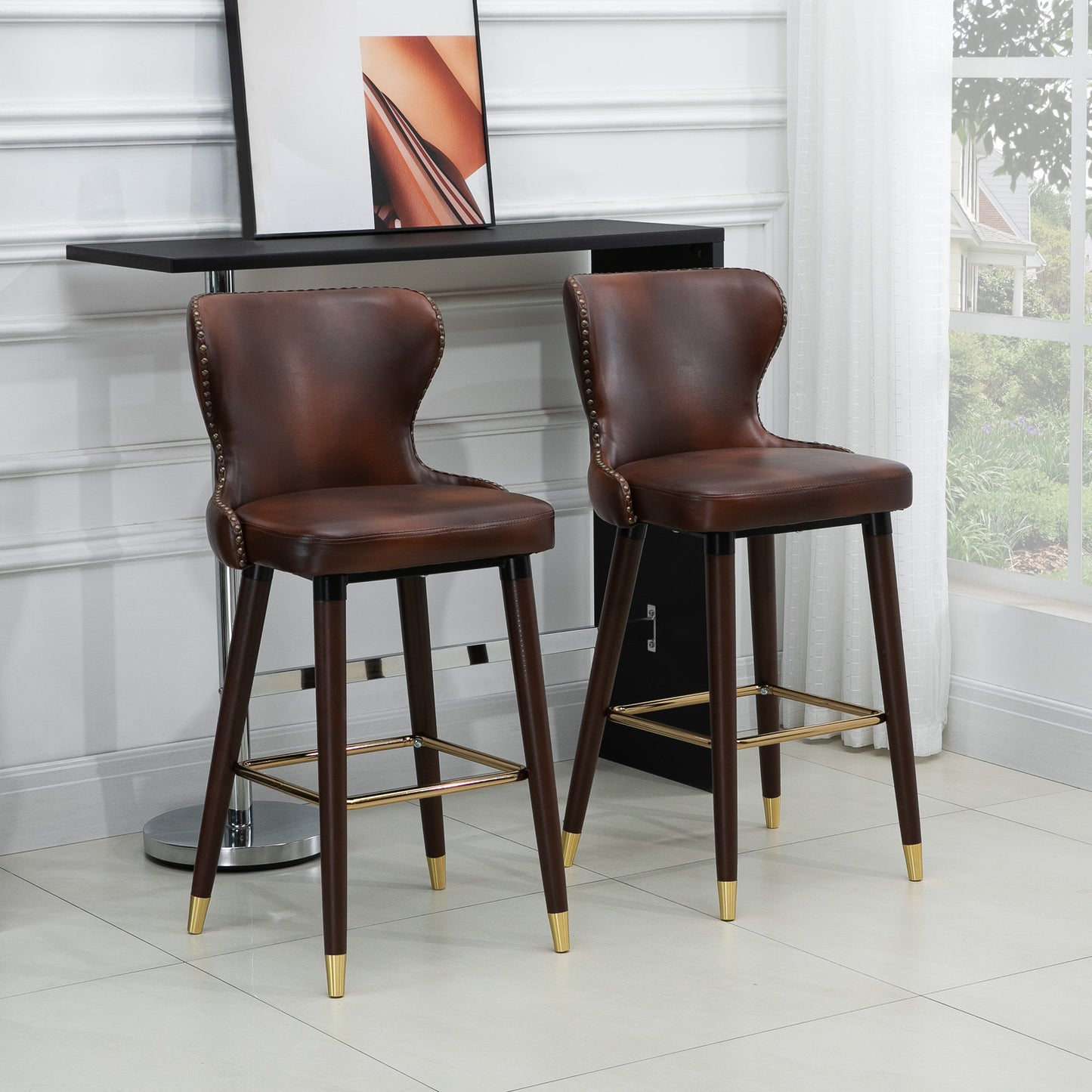 HOMCOM Bar Stools Set of 2, PU Leather Vintage Counter-Height Bar Chair, Luxury European Style Kitchen Stools with Back, Brown