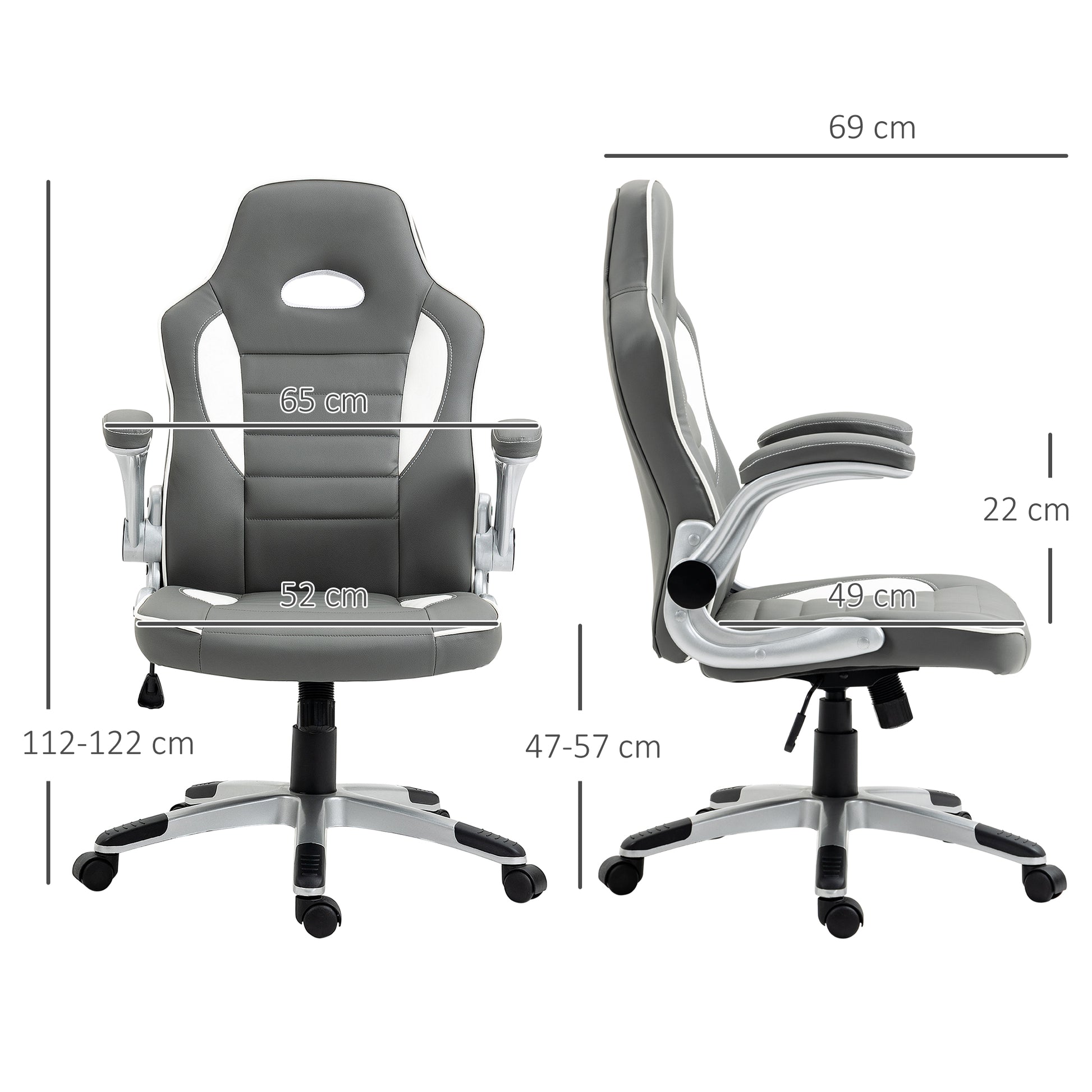 HOMCOM Racing Gaming Chair, PU Leather Computer Desk Chair, Height Adjustable Swivel Chair With Tilt Function and Flip Up Armrests, Grey