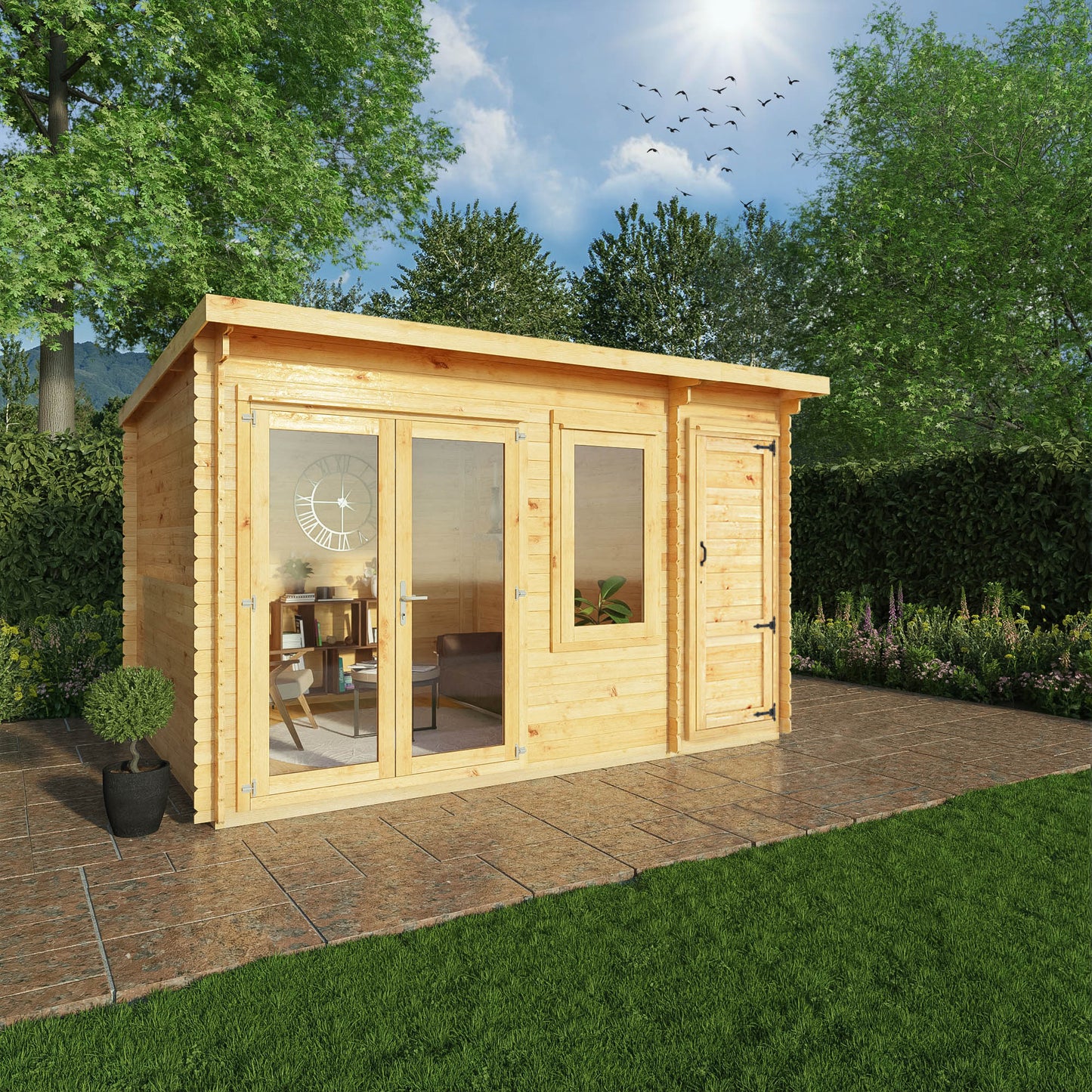 4.1M X 3M Elite Pent Log Cabin With Side Shed - 28Mm