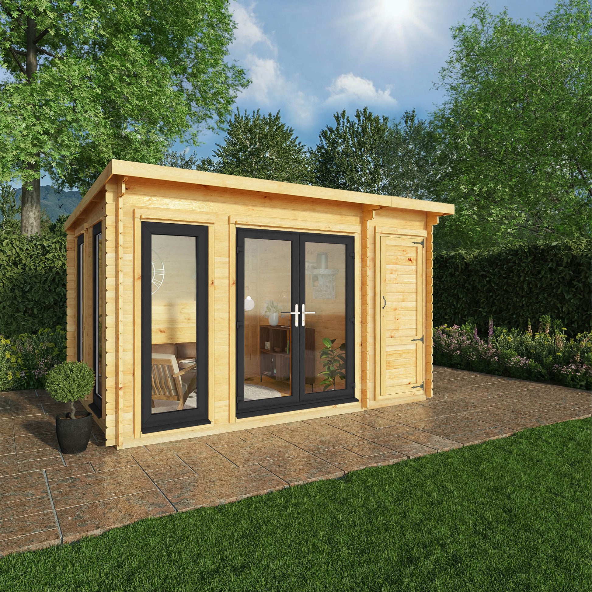 4.1M X 3M Studio Pent Log Cabin With Side Shed - 44Mm  (Upvc Windows & Door) - Grey