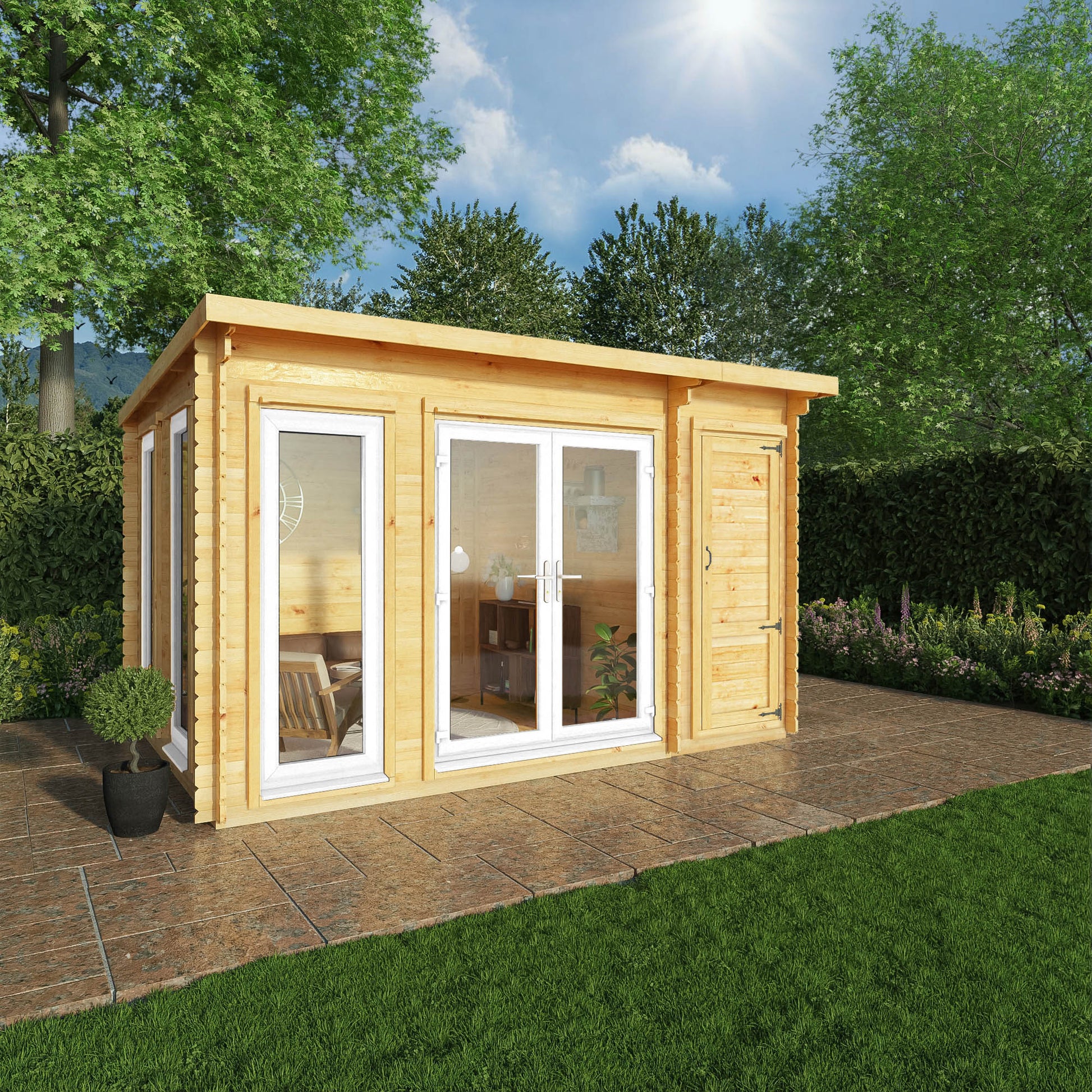 4.1M X 3M Studio Pent Log Cabin With Side Shed - 44Mm  (Upvc Windows & Door) - White