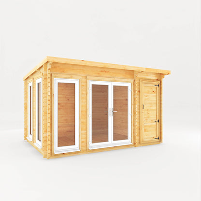 4.1M X 3M Studio Pent Log Cabin With Side Shed - 44Mm  (Upvc Windows & Door) - White