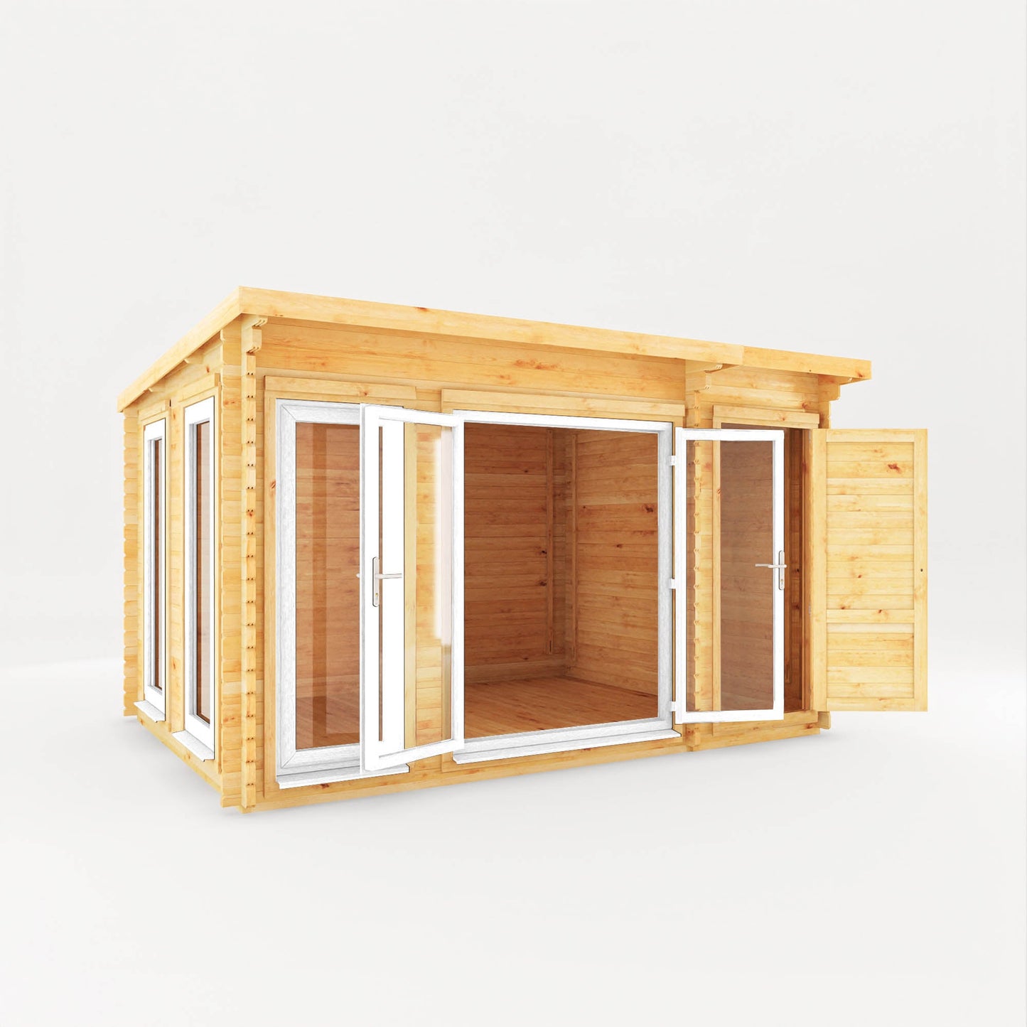 4.1M X 3M Studio Pent Log Cabin With Side Shed - 44Mm  (Upvc Windows & Door) - White