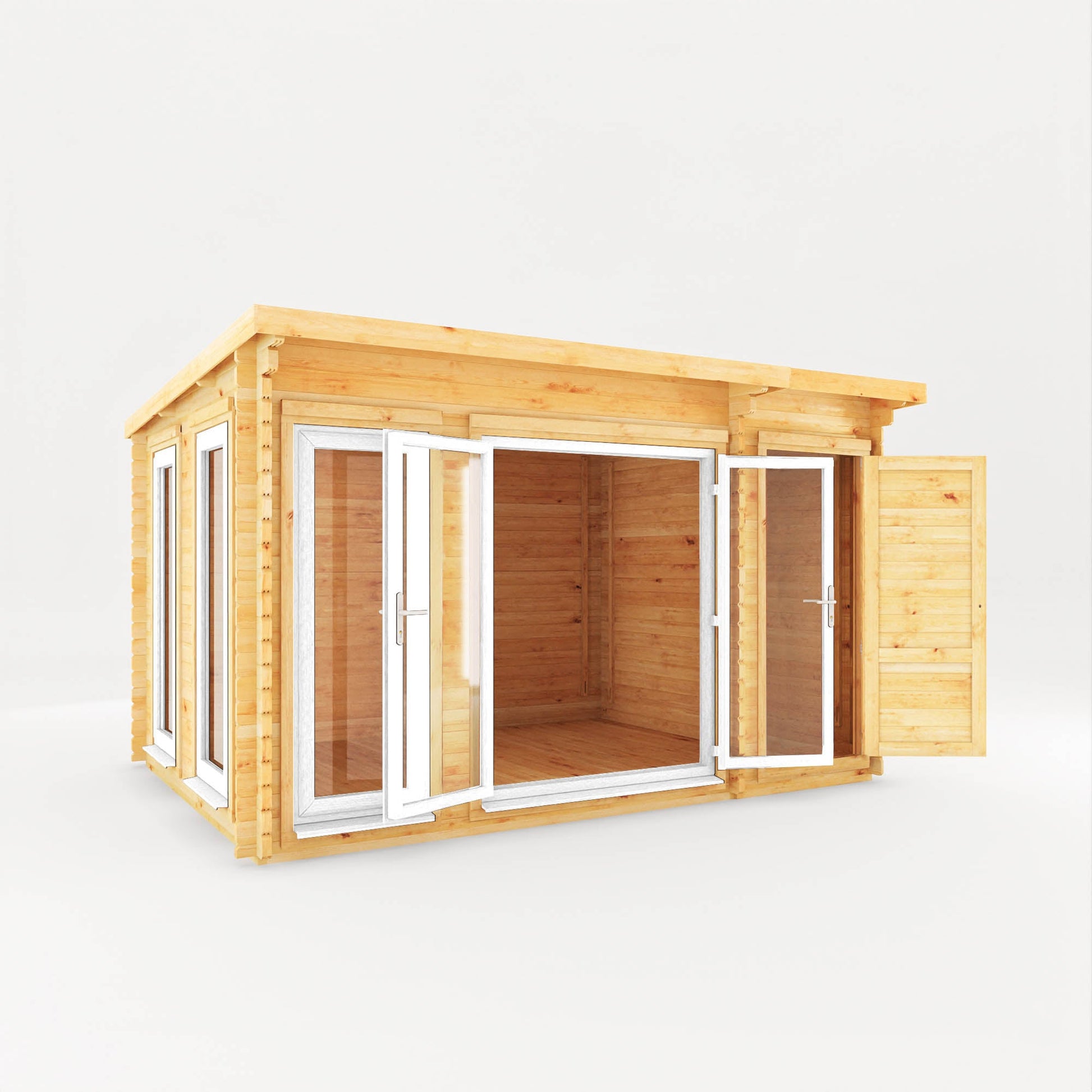 4.1M X 3M Studio Pent Log Cabin With Side Shed - 44Mm  (Upvc Windows & Door) - White