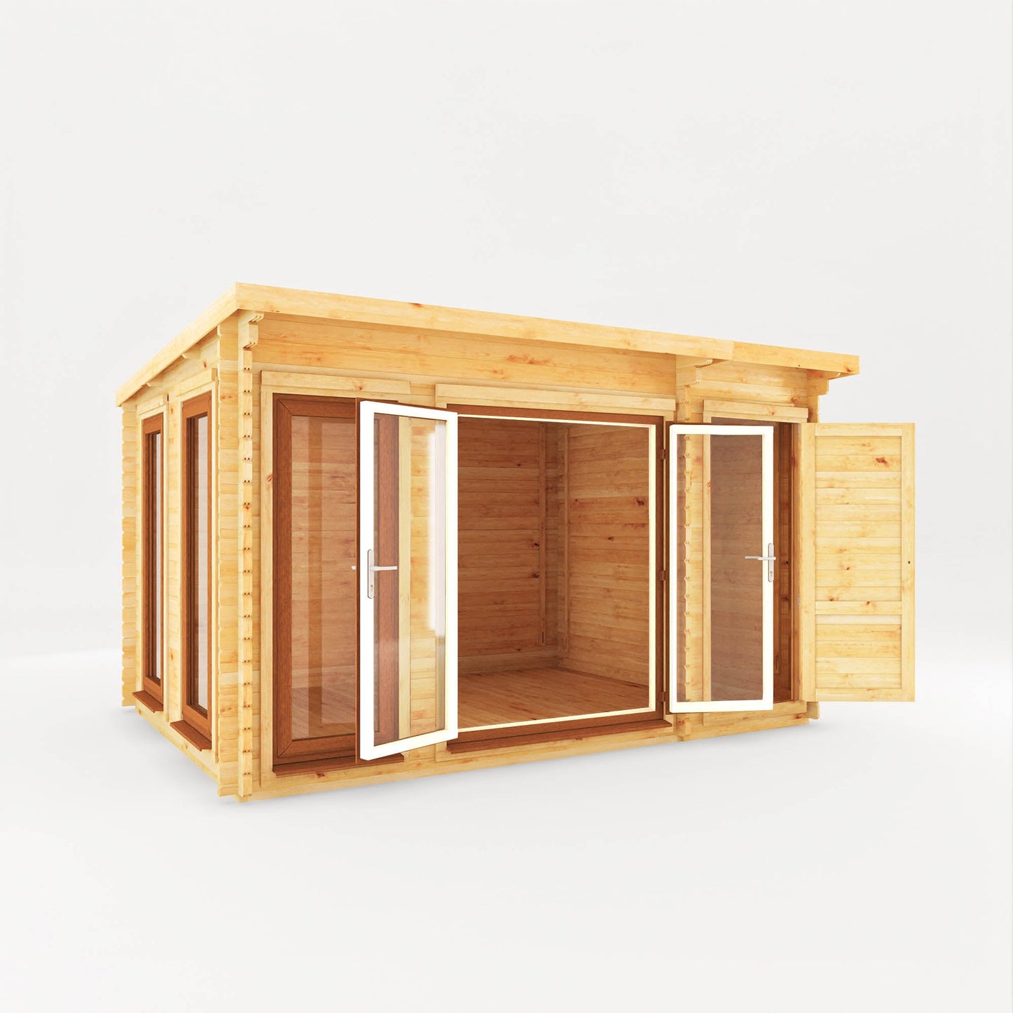 4.1M X 3M Studio Pent Log Cabin With Side Shed - 44Mm  (Upvc Windows & Door) - Oak