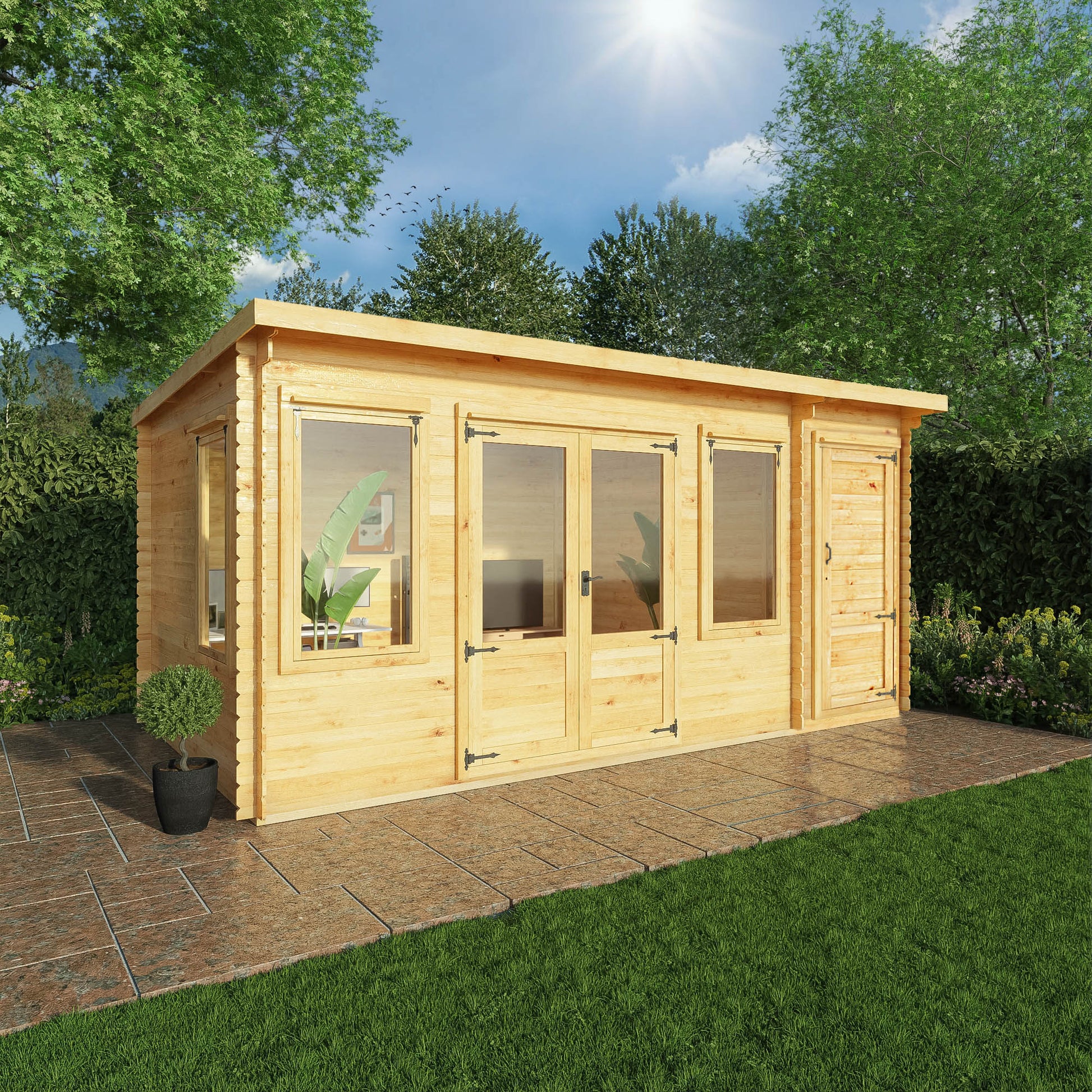 5.1M X 3M Pent Log Cabin With Side Shed - 19Mm