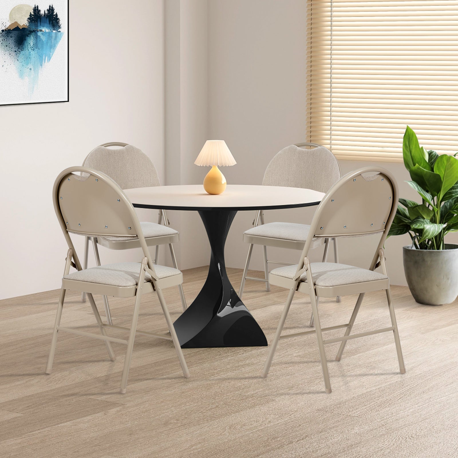 4 Pieces Folding Fabric Dining Chairs with Cushioned Seat and Back-Beige