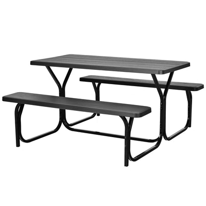 Picnic Table Bench Set with Metal Base Wood for Outdoor-Black