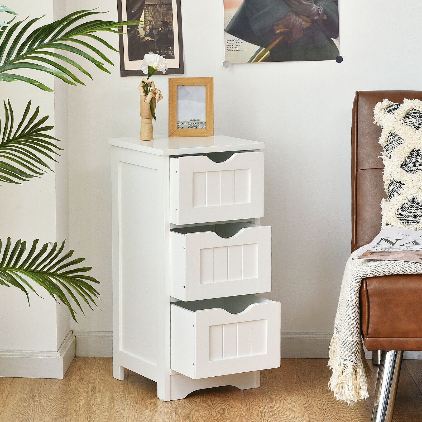 Bathroom Floor Cabinet with 3 Drawers and Cut-Off Handle-White