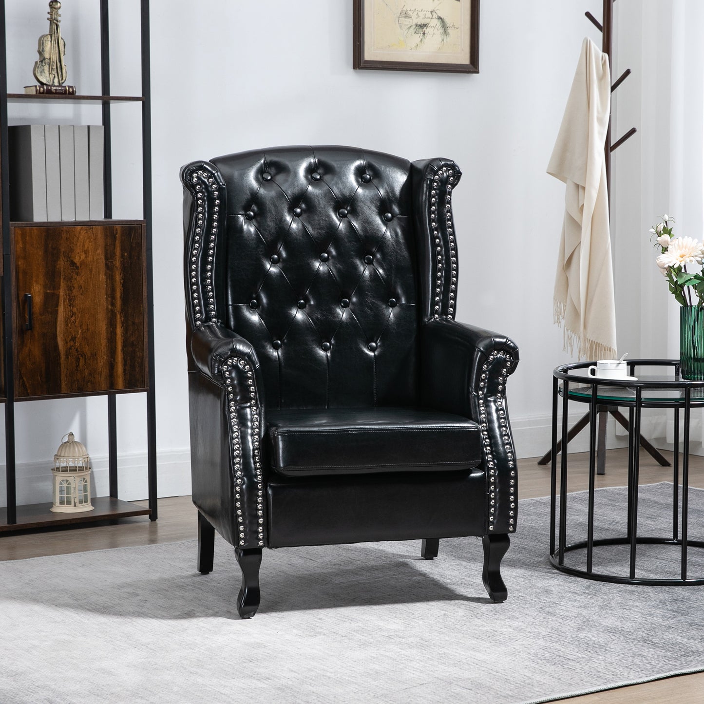 HOMCOM Wingback Accent Chair Tufted Chesterfield-style Armchair with Nail Head Trim for Living Room Bedroom Black