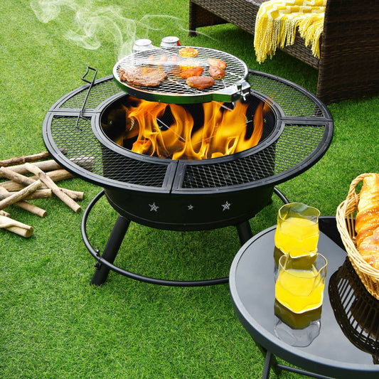 Outdoor Fire Pit with Removable BBQ Grill and Log Grate