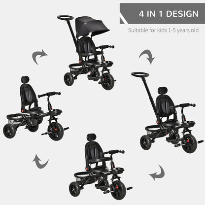 HOMCOM 4 in 1 Baby Tricycle Toddler Stroller Foldable Pedal Tricycle w/ Reversible Angle Adjustable Seat Removable for 1-5 Years - Black